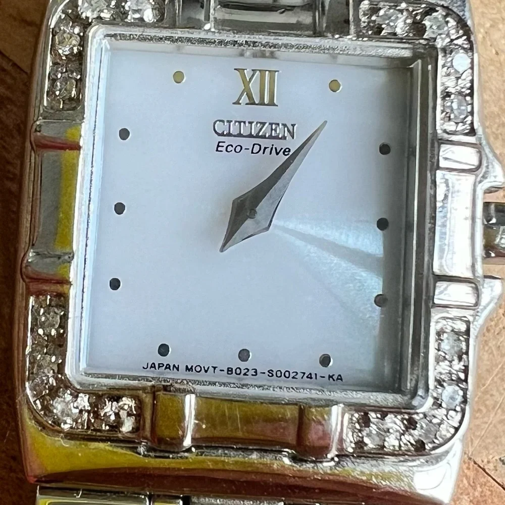Citizen eco-drive ladies square dial silver tone diamond dress watch